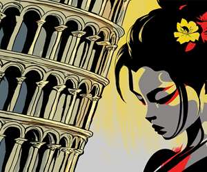 Illustration of The Leaning Tower of Pisa and a Japanese Woman