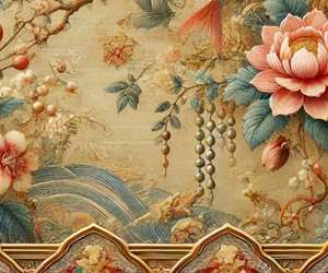 Vintage wallpaper of flowers and a swimming Koi fish - piece 3
